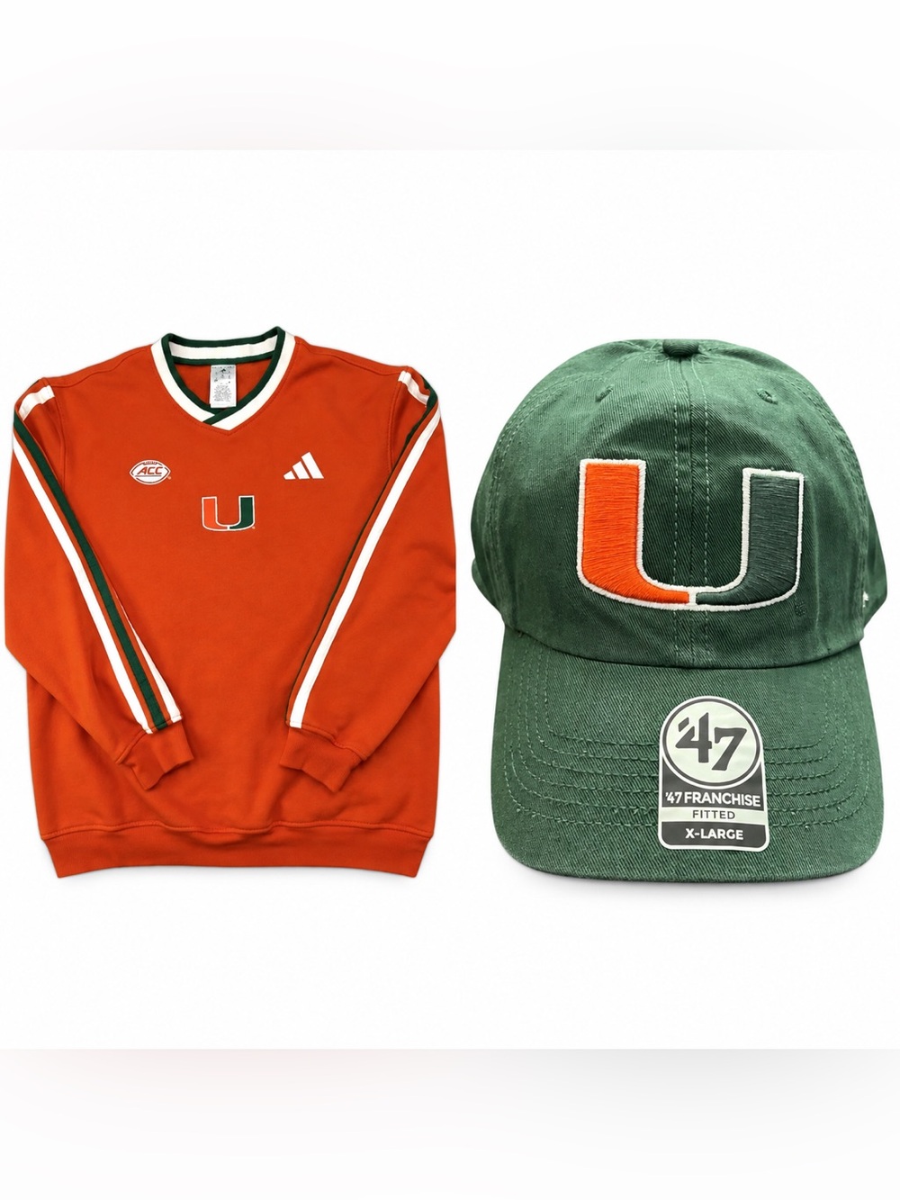 Miami Hurricanes Adidas Sweatshirt Med + ’47 Fitted Hat XL Bundle New